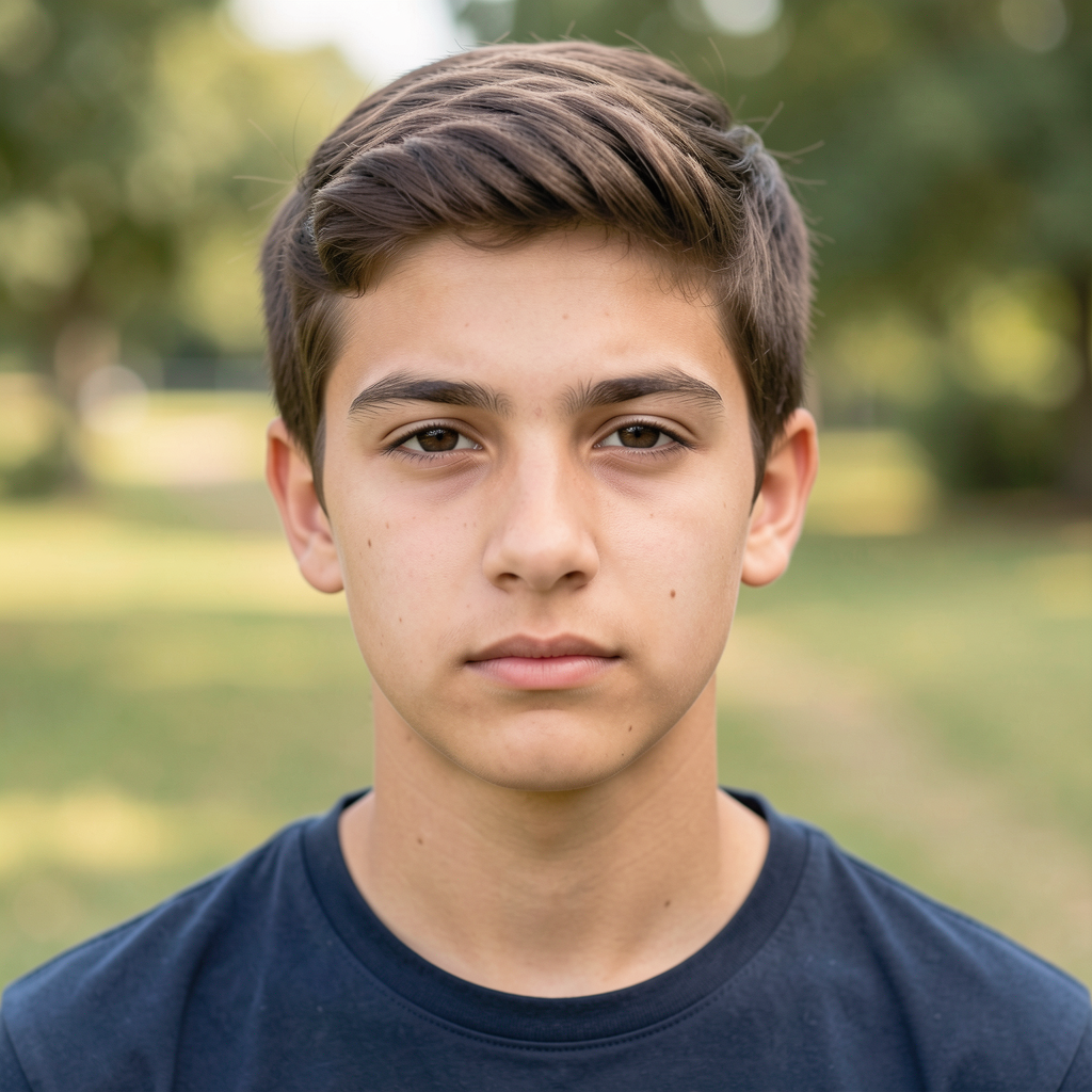A headshot of a teenager with a relaxed, neutral face