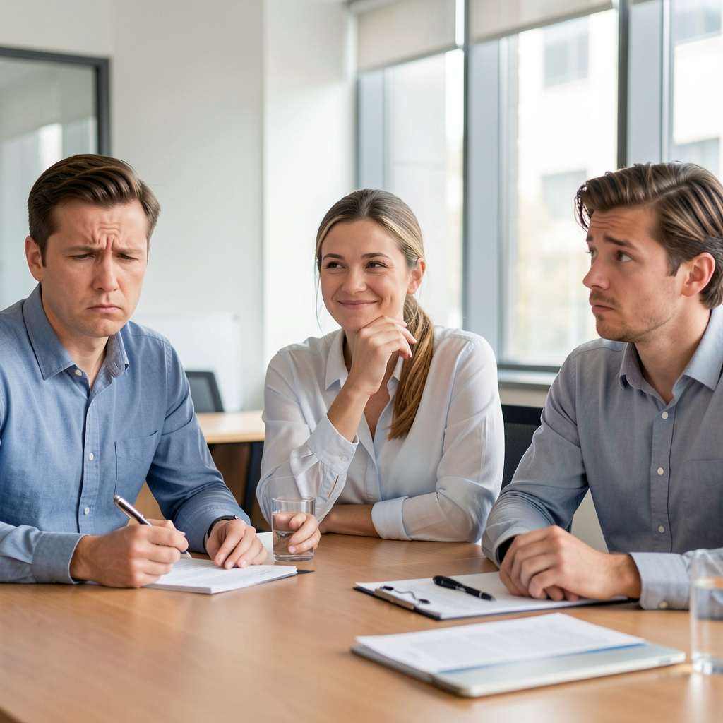 Three coworkers in a meeting: one looking frustrated with fu