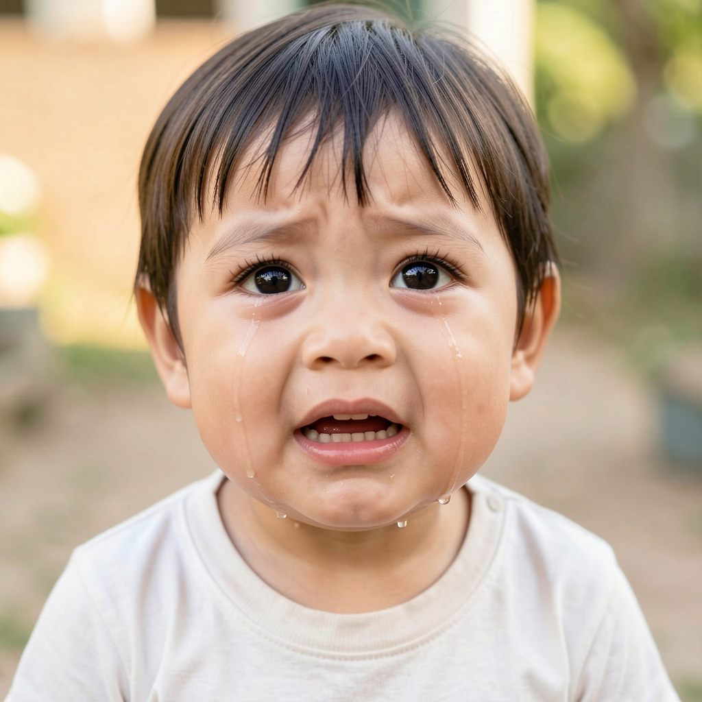 A 5-year-old child with round cheeks and large eyes, crying 