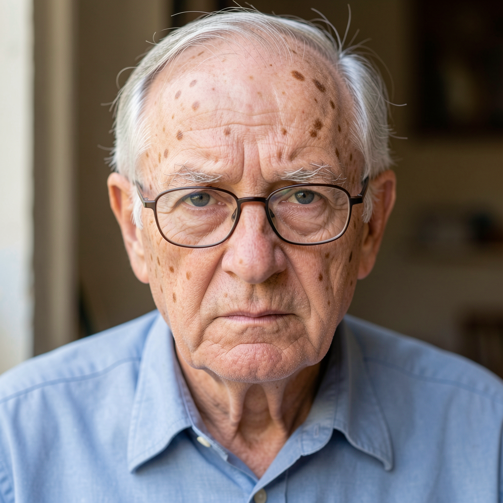 An elderly man in his 70s with age spots and thinning gray h