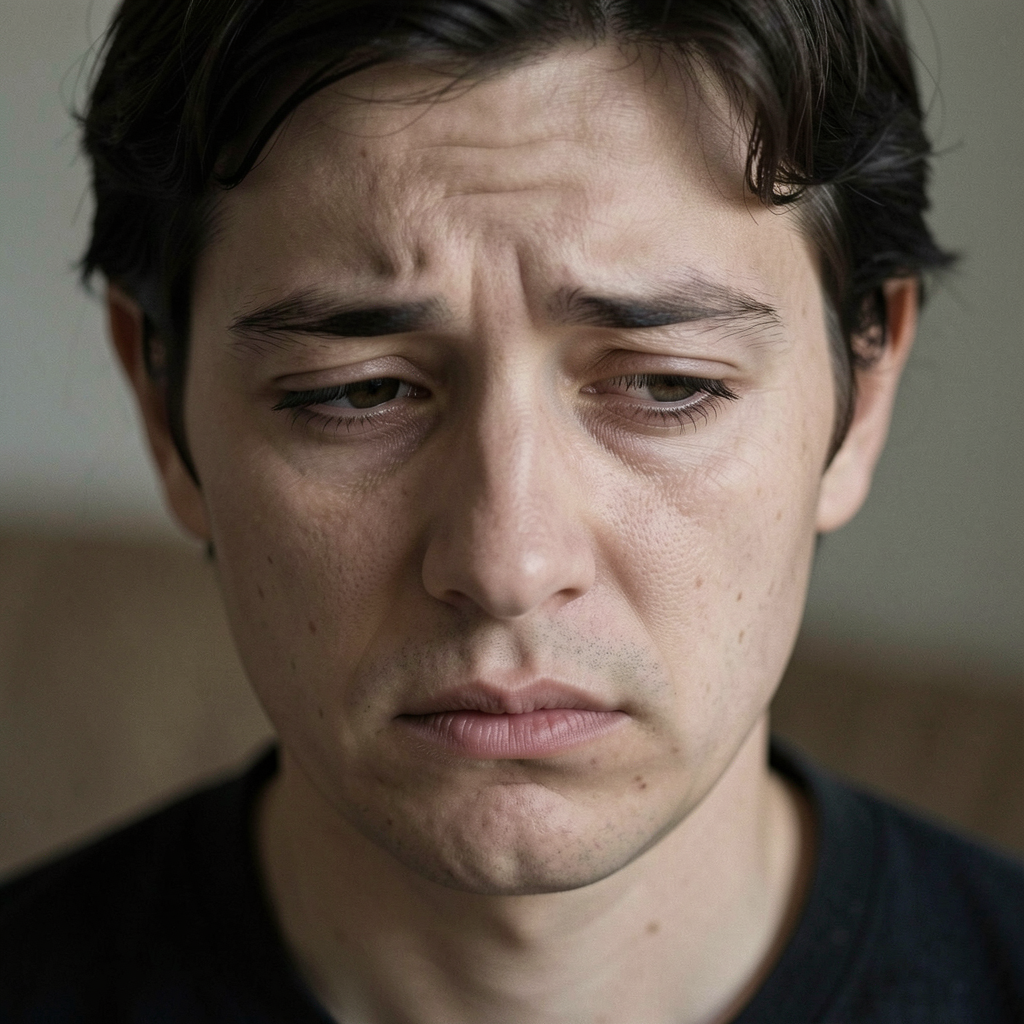 A face showing quiet melancholy — downcast eyes, slightly dr