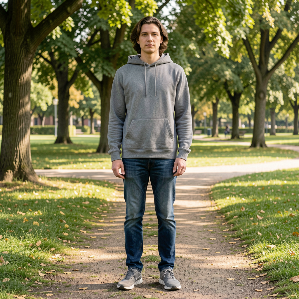 A person standing in a neutral pose in a park, full body vis