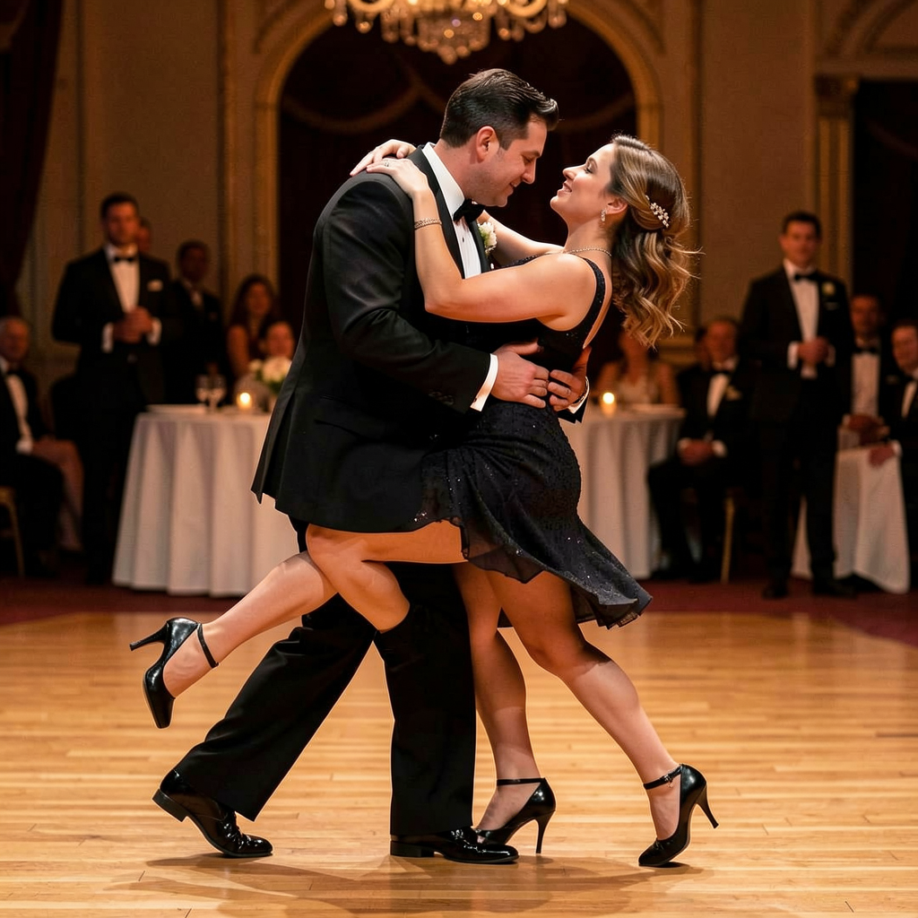 Two tango dancers in a close embrace, the man dipping the wo