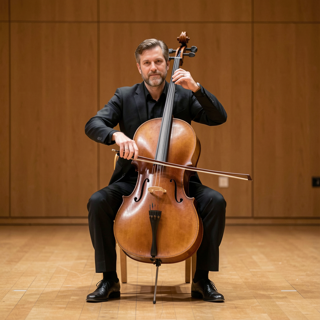 A cellist seated with correct posture, legs around the instr