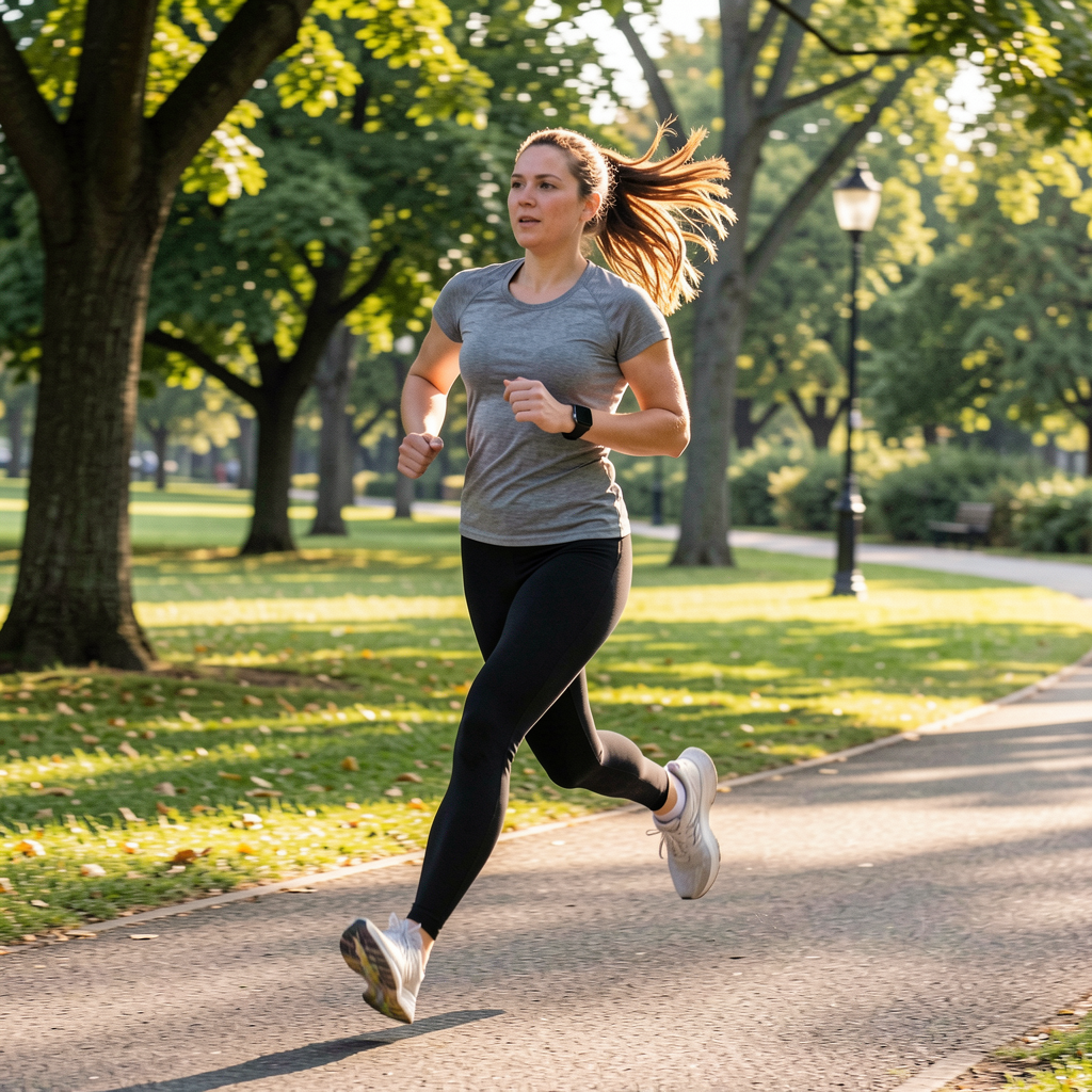 A woman mid-stride running through a park, hair and clothes 