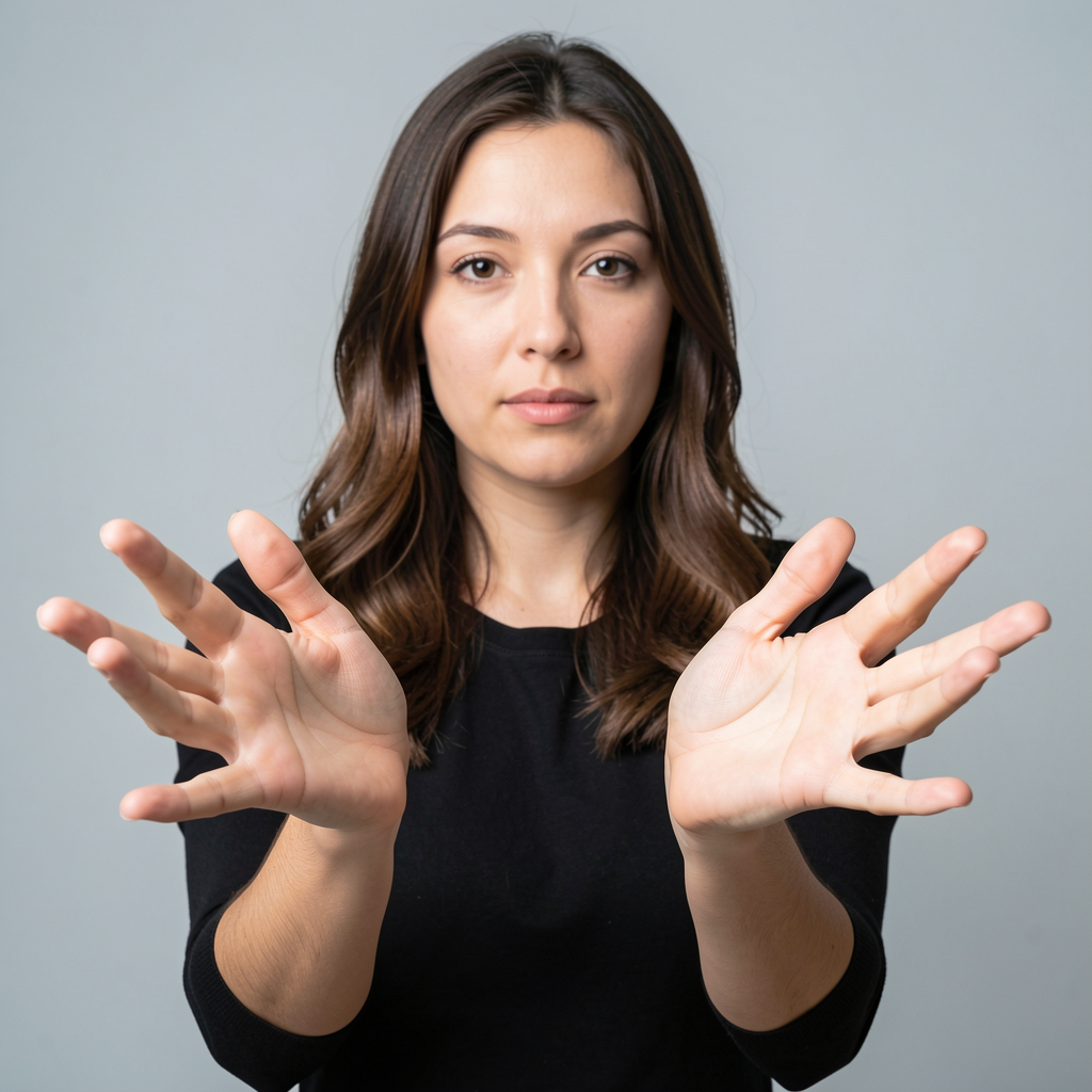 A woman holding her hands out in front of her palms-up, all 