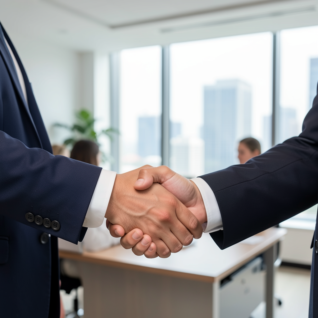 Two people shaking hands in a professional setting, all fing