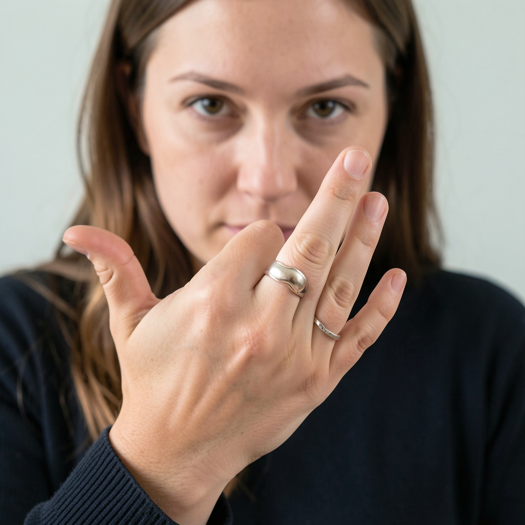 A person counting to three on their fingers, with index, mid