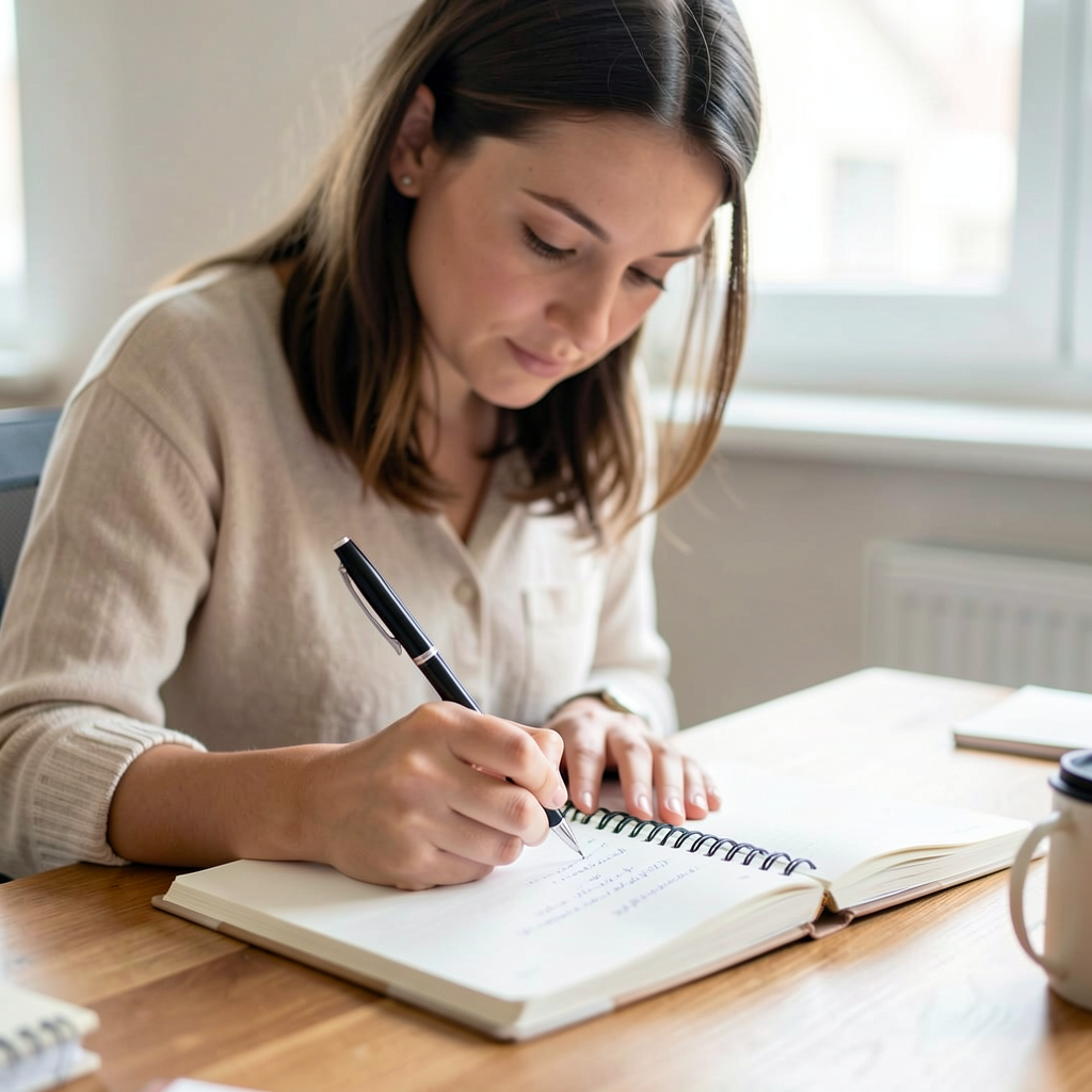 A woman writing in a notebook with a pen gripped correctly i