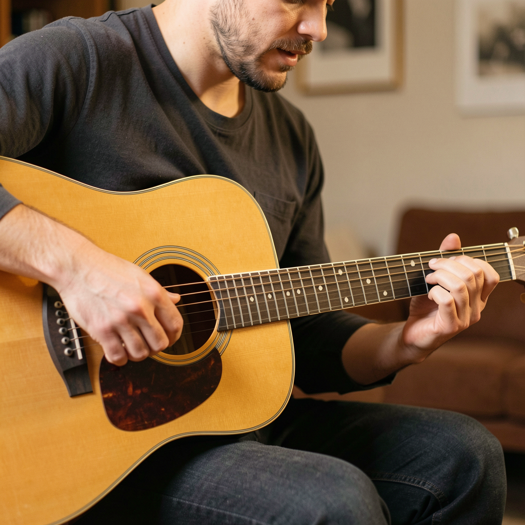 A person playing an acoustic guitar with left hand on the fr