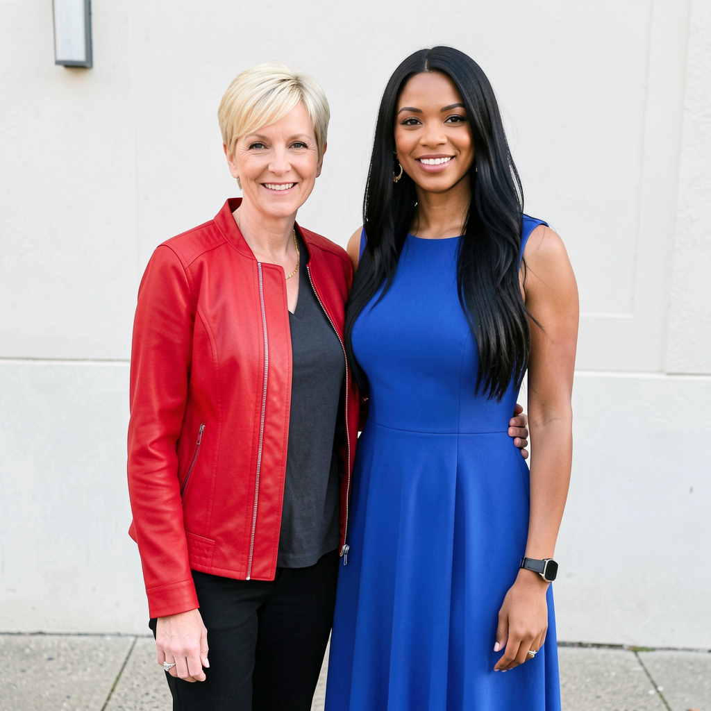 Two women standing side by side: one with short blonde hair 