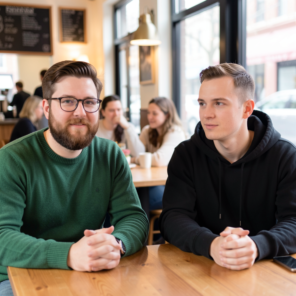 Two men at a cafe: one with a beard and glasses wearing a gr