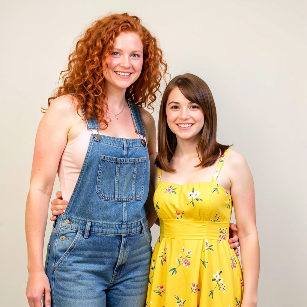 Two friends posing: one tall with curly red hair in denim ov