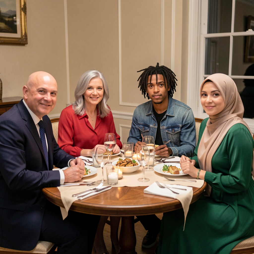 Four people at a dinner table: a bald man in a suit, a woman