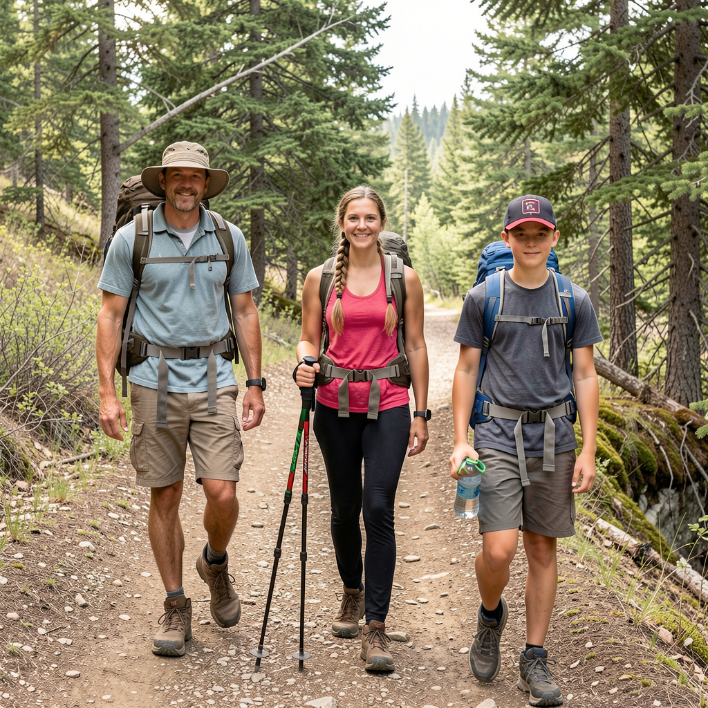 Three hikers on a trail: a man with a backpack and sunhat, a