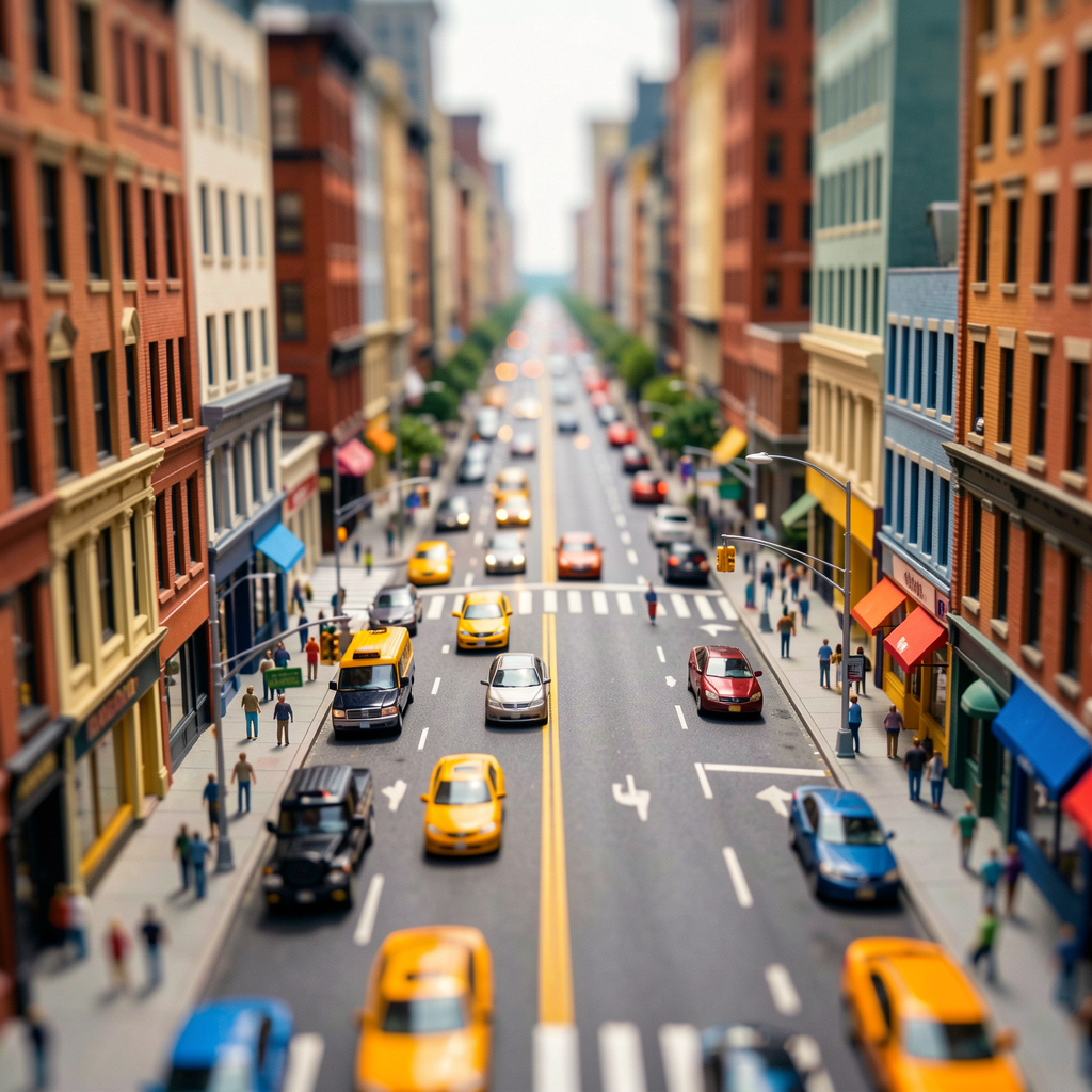 A tilt-shift photograph of a city street making real-life lo