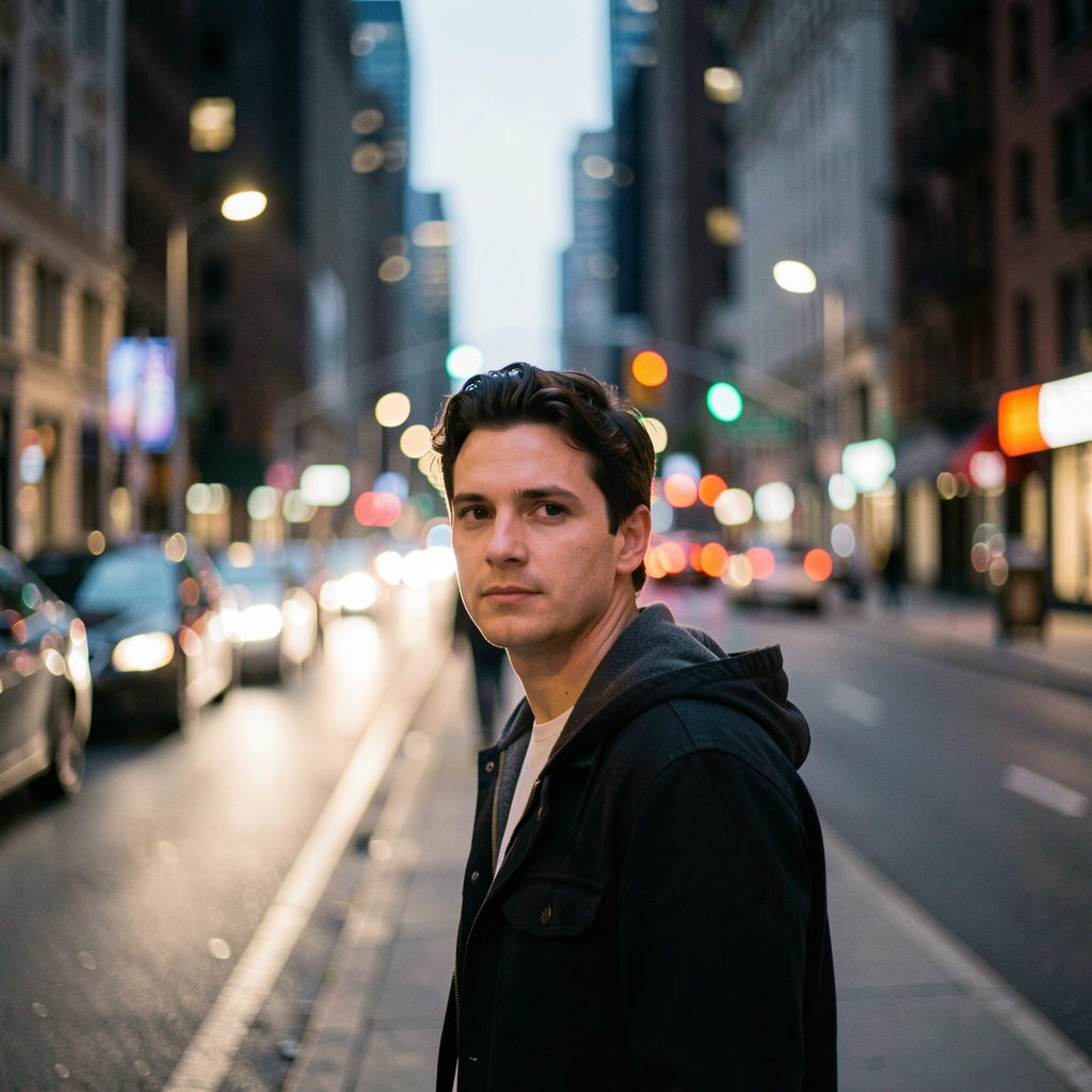 A street photograph with shallow depth of field as if shot a