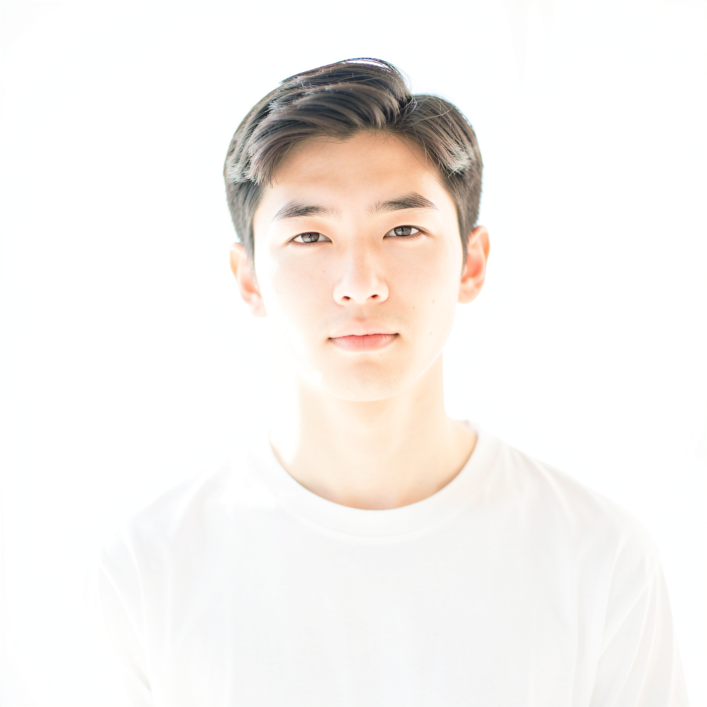 A high-key portrait of a person against a bright white backg