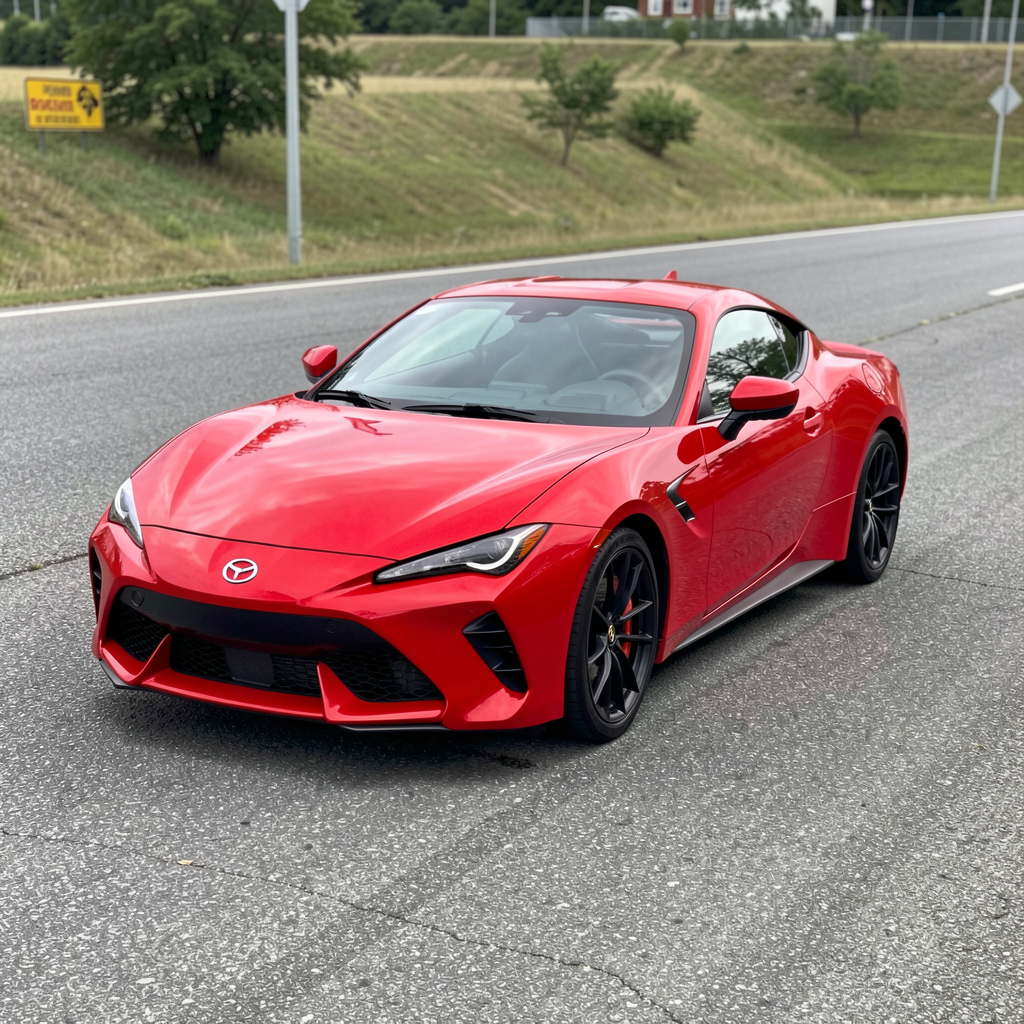 A bright red sports car parked on a gray asphalt road — the 