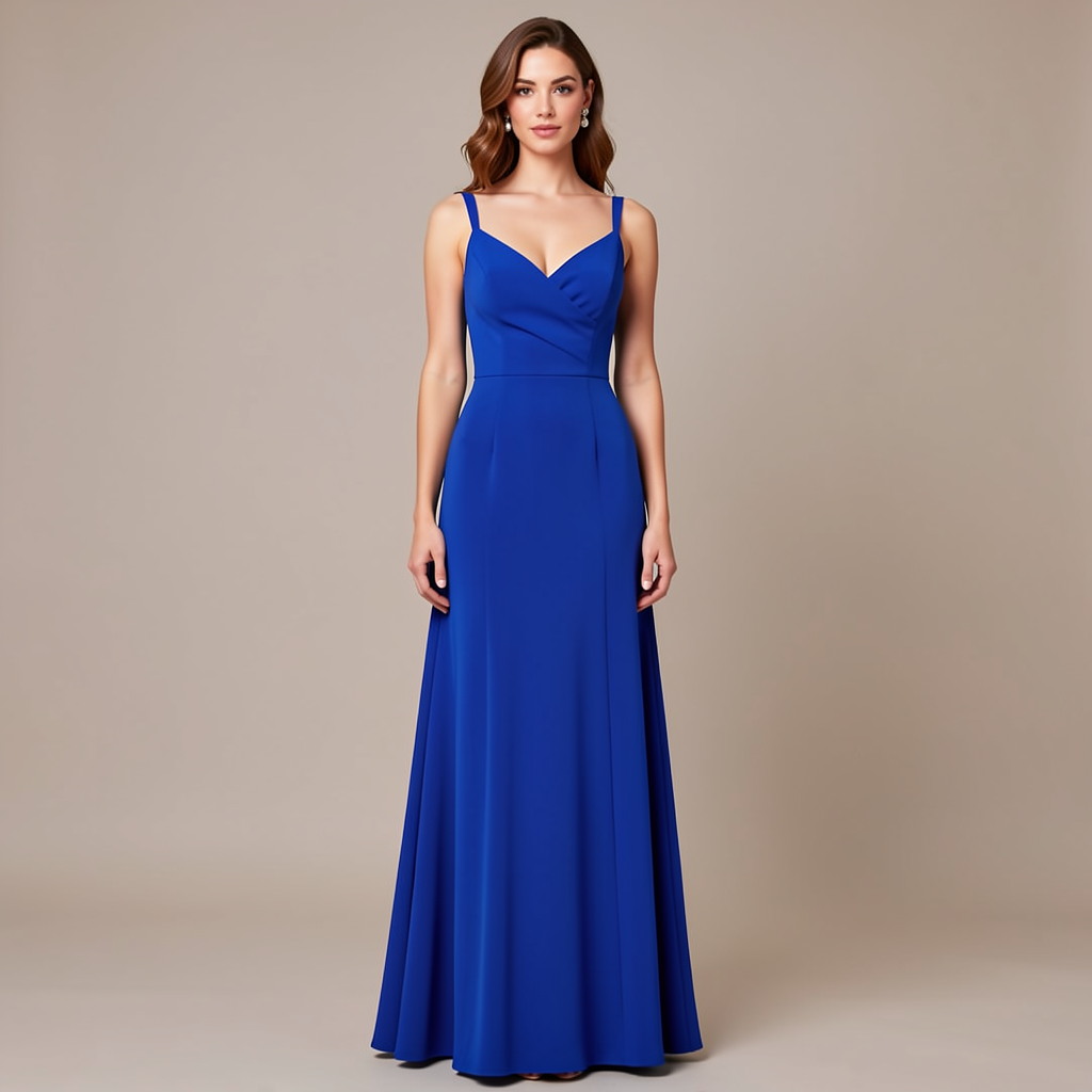 A woman wearing a royal blue evening dress against a neutral