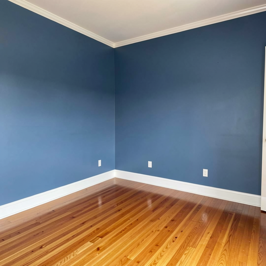 A room with walls in #4A90D9 (medium blue) with warm wooden 
