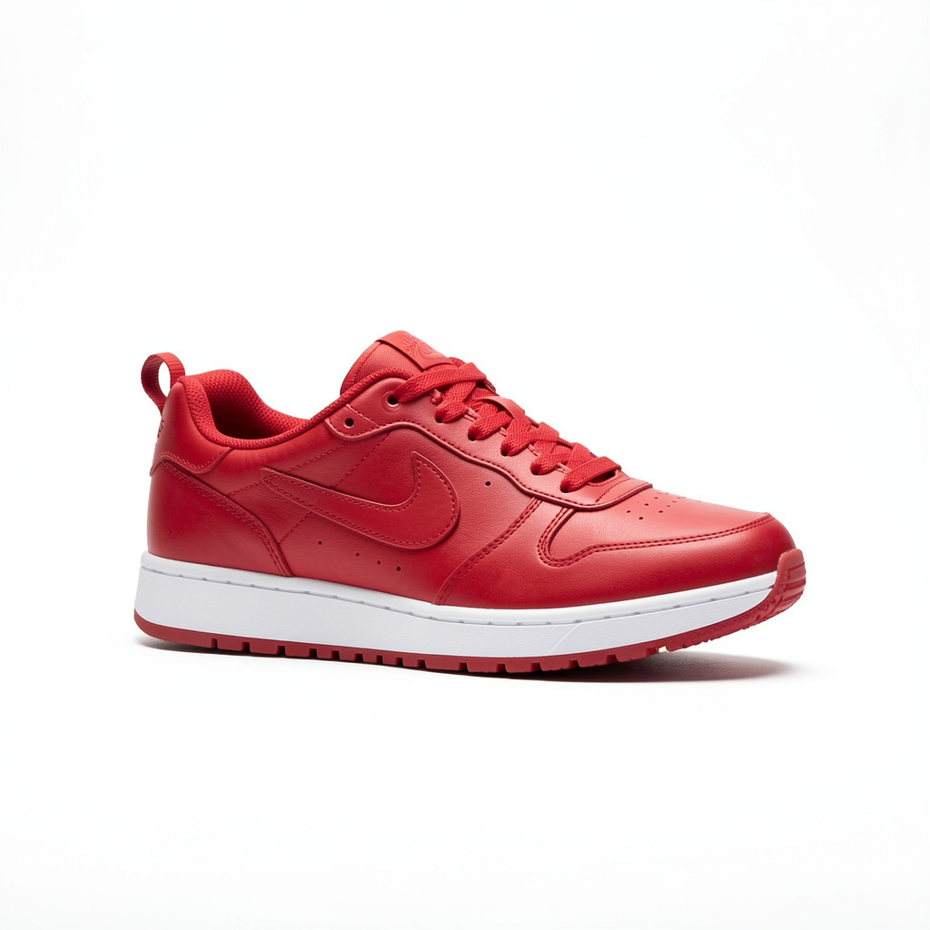 A single red sneaker on a clean white background with soft s