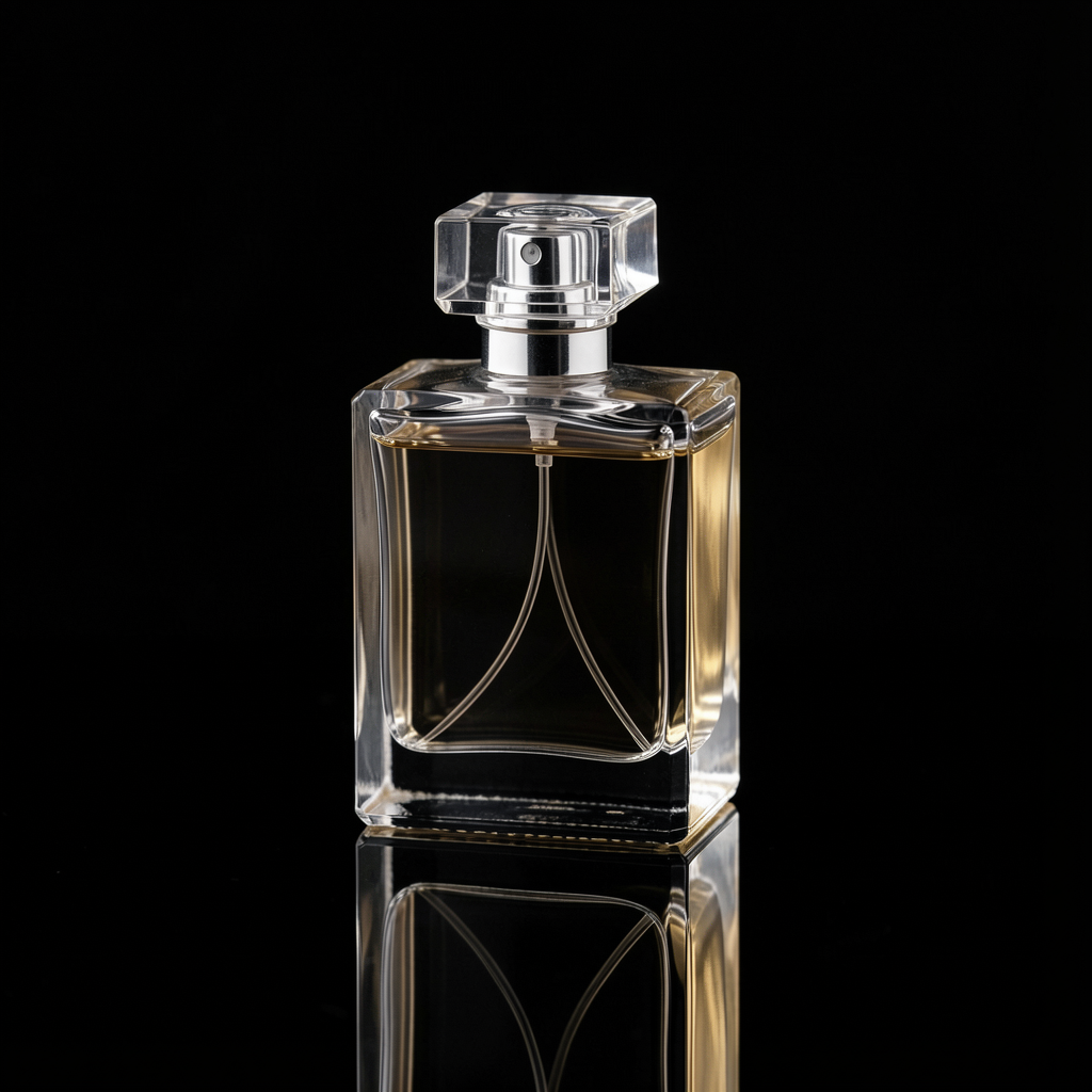 A clear glass perfume bottle on a reflective black surface w