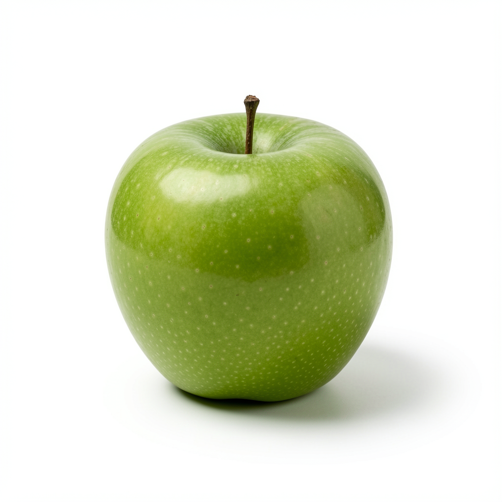 A ripe green apple on a seamless white background with soft 