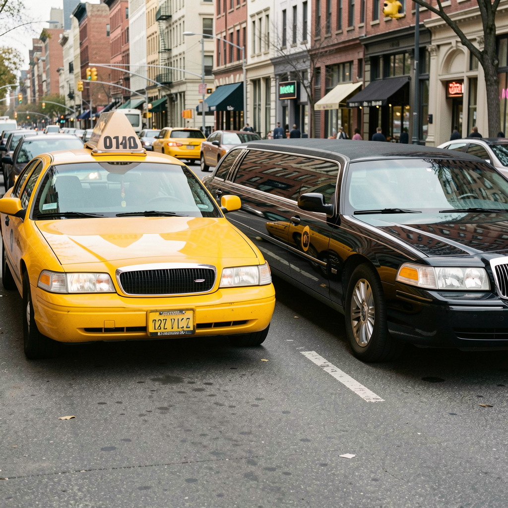 A yellow taxi and a black limousine parked next to each othe