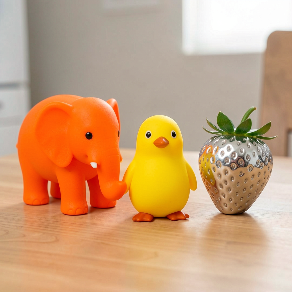 An orange elephant, a yellow penguin, and a silver strawberr
