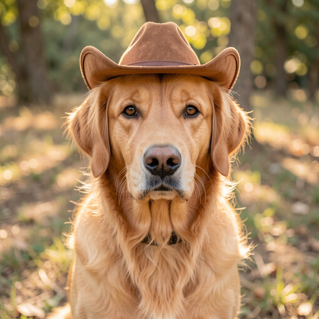 A golden retriever wearing a tiny cowboy hat