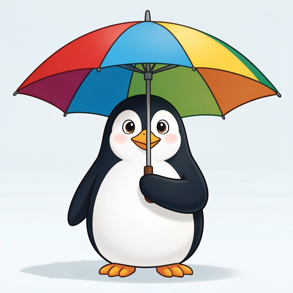A penguin holding a colorful umbrella