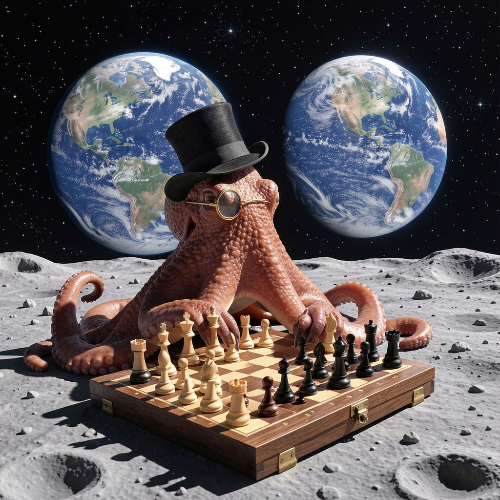 An octopus wearing a top hat and monocle playing chess on th