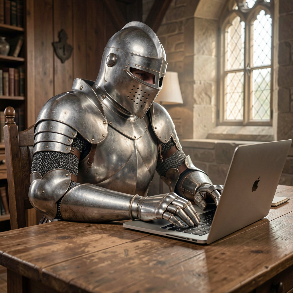 A medieval knight in full armor sitting at a desk typing on 