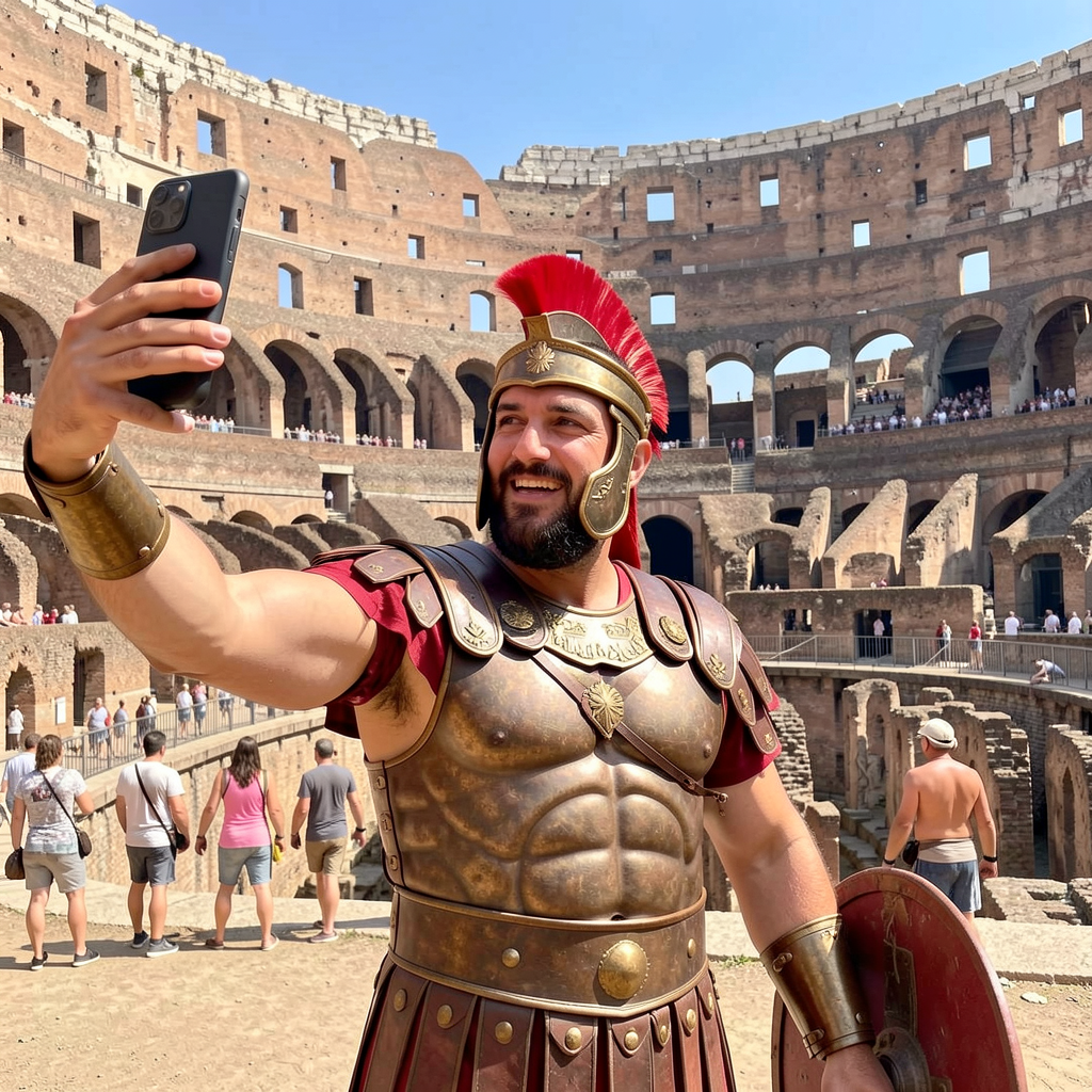 A Roman gladiator taking a selfie with a smartphone in the C