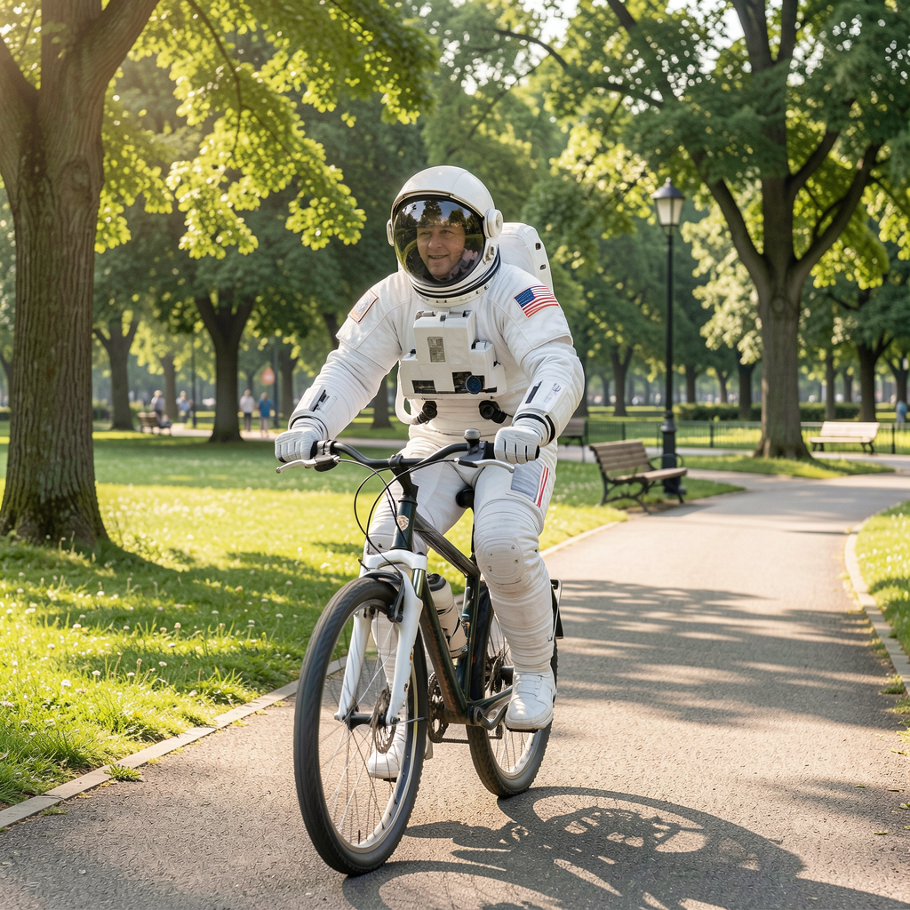 An astronaut in a spacesuit riding a bicycle through a park