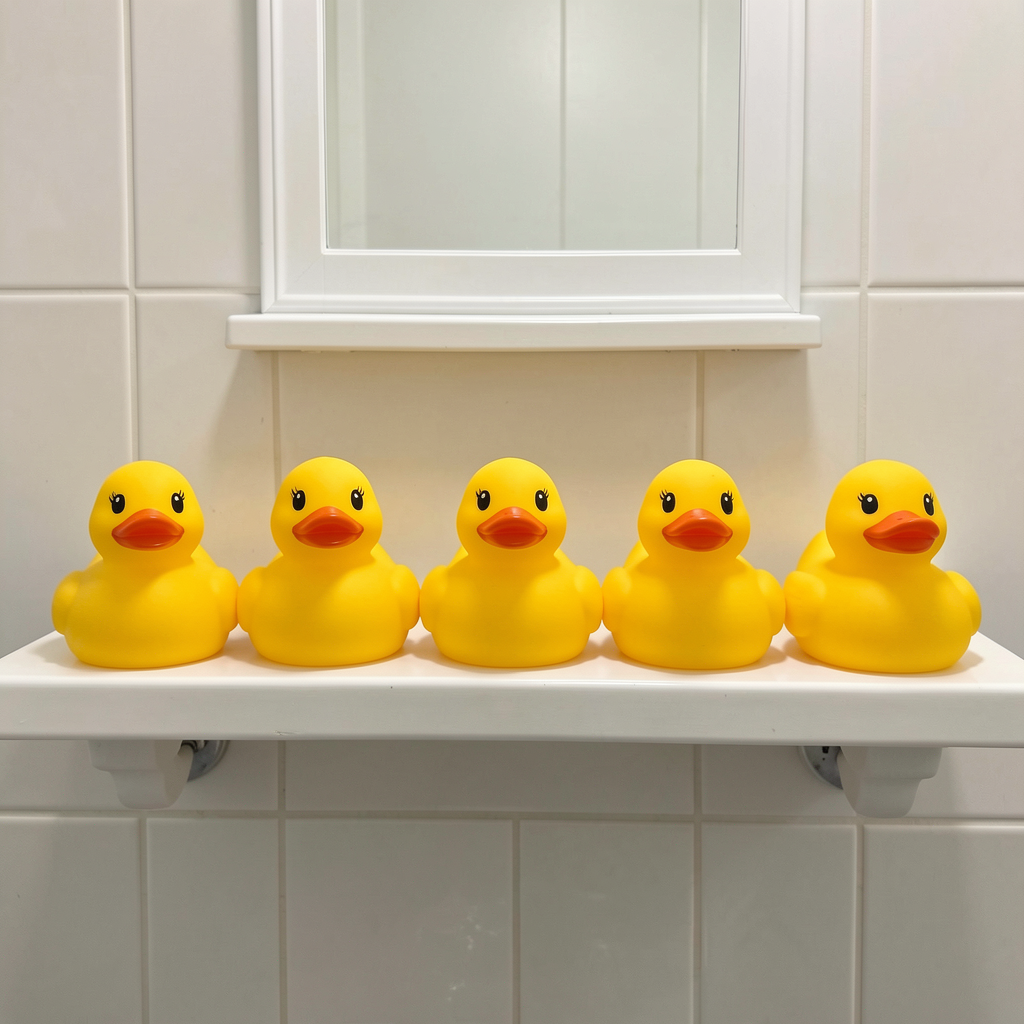 Exactly 5 yellow rubber ducks sitting in a row on a bathroom