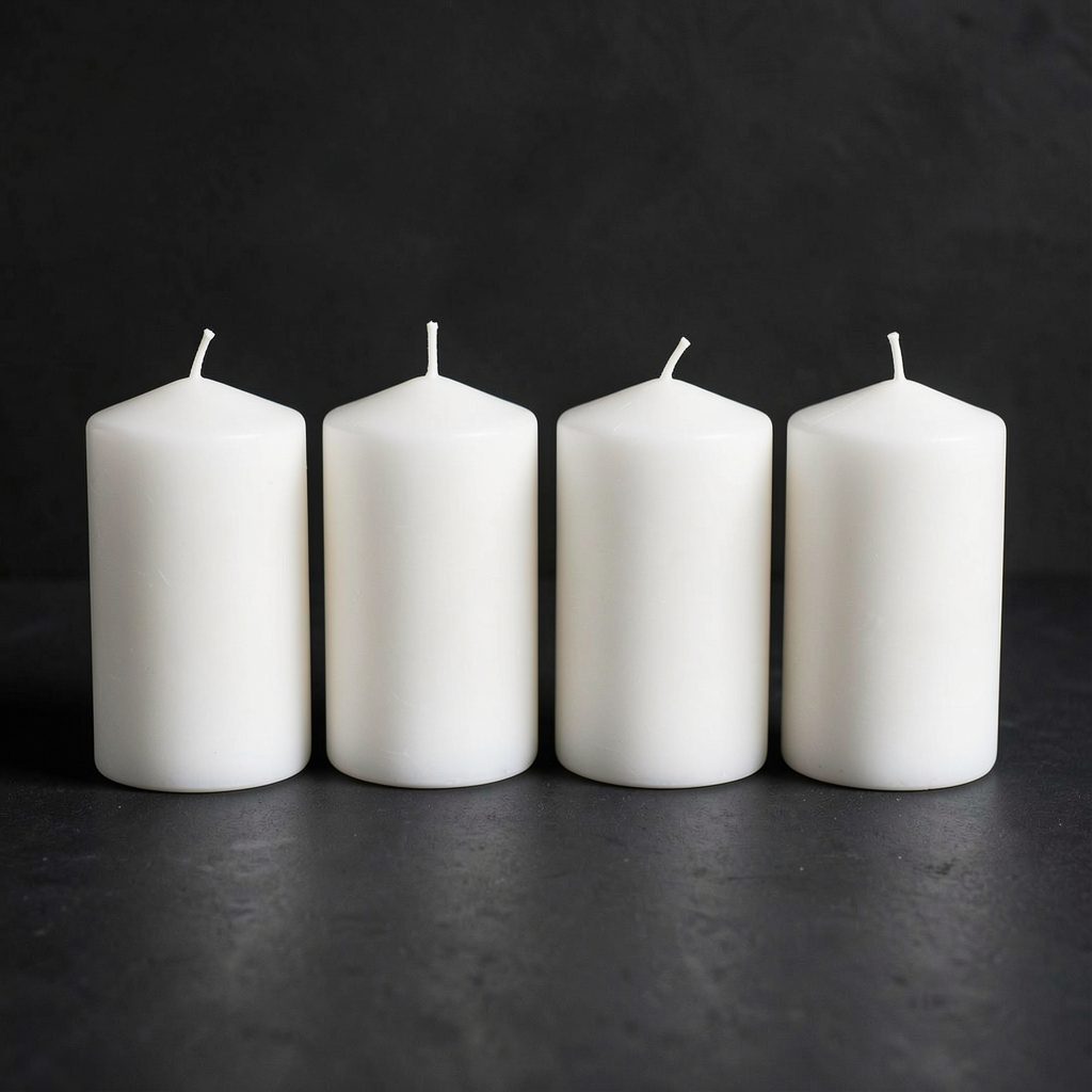 Exactly 4 white candles standing on a dark surface