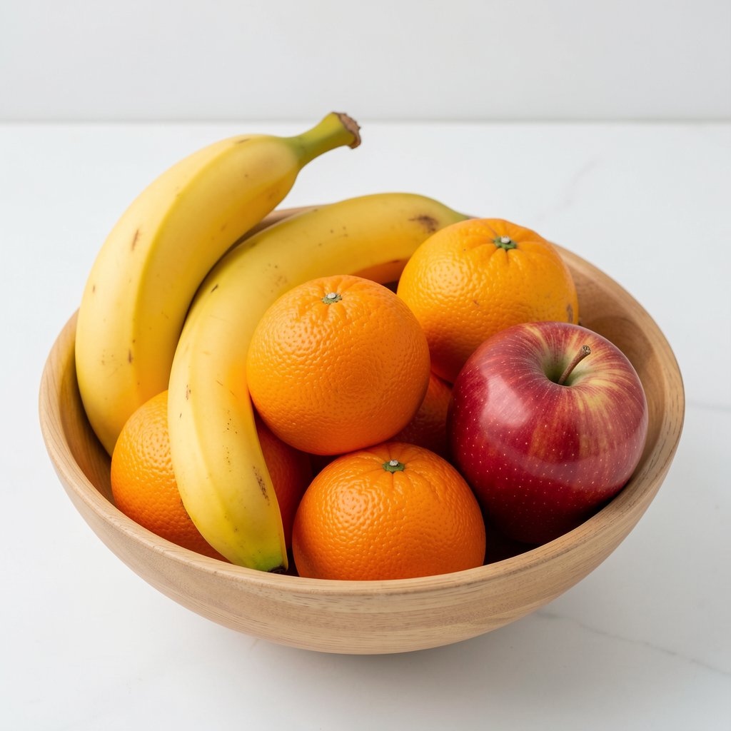 A fruit bowl containing exactly 3 bananas, 4 oranges, and 2 
