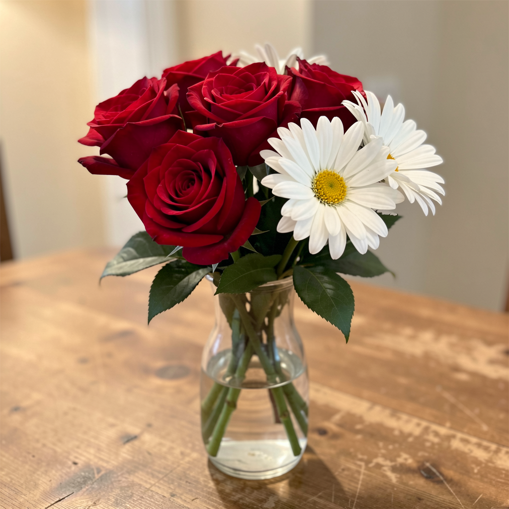 4 red roses and 2 white daisies in a glass vase on a table