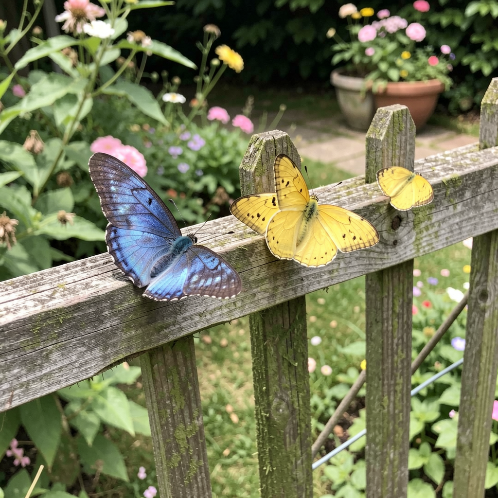 1 blue butterfly and 3 yellow butterflies resting on a garde