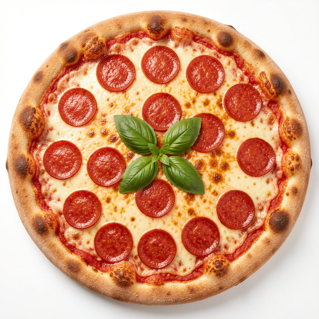 A pepperoni pizza with tomato sauce, basil, and crust but ab