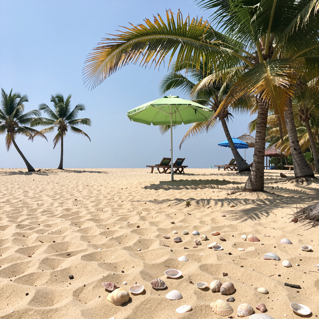 A sandy beach with palm trees, seashells, and a beach umbrel