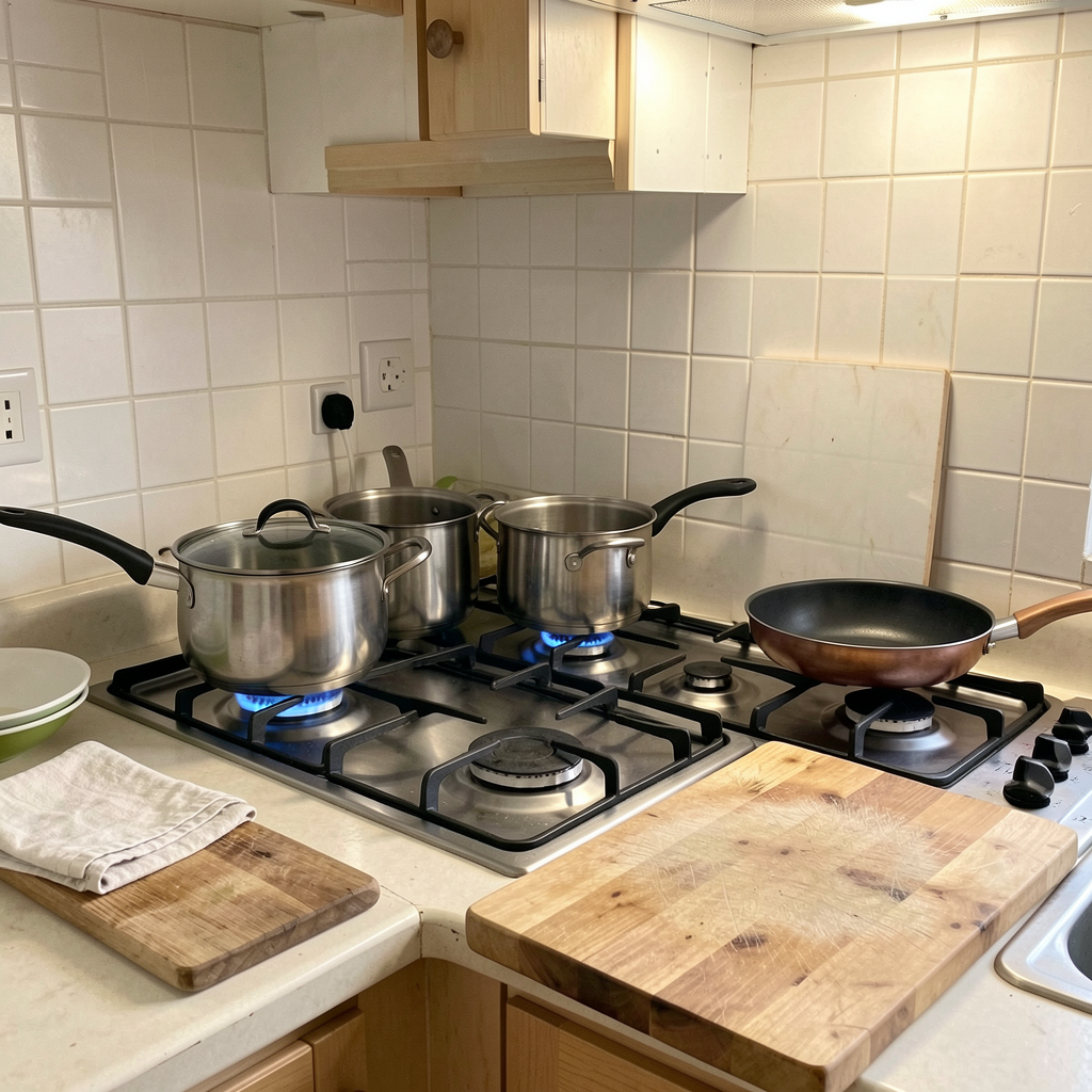 A kitchen with pots, pans, a stove, and a cutting board but 
