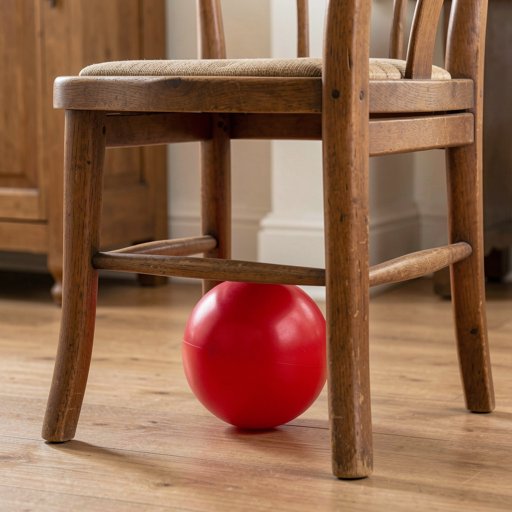 A red ball underneath a wooden chair