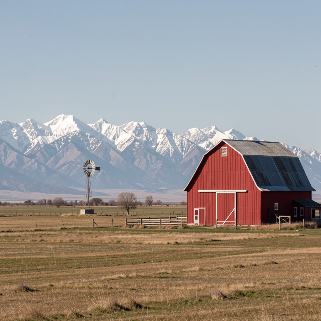 A landscape with a red barn in the foreground at large scale