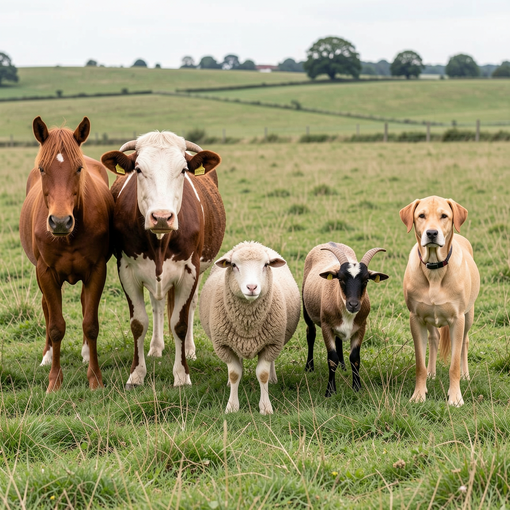 Five animals in a field: a horse on the far left, a cow to t
