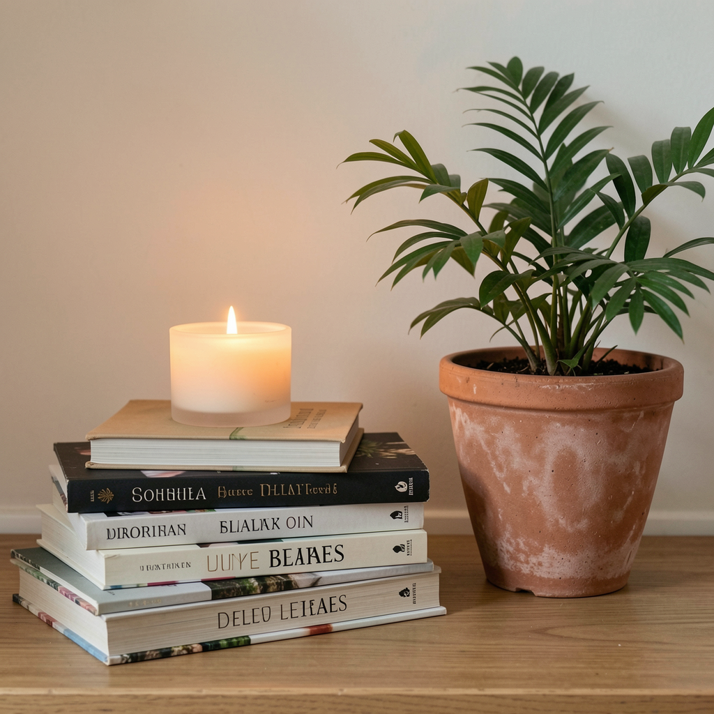 A candle on top of a stack of books, the books next to a pot