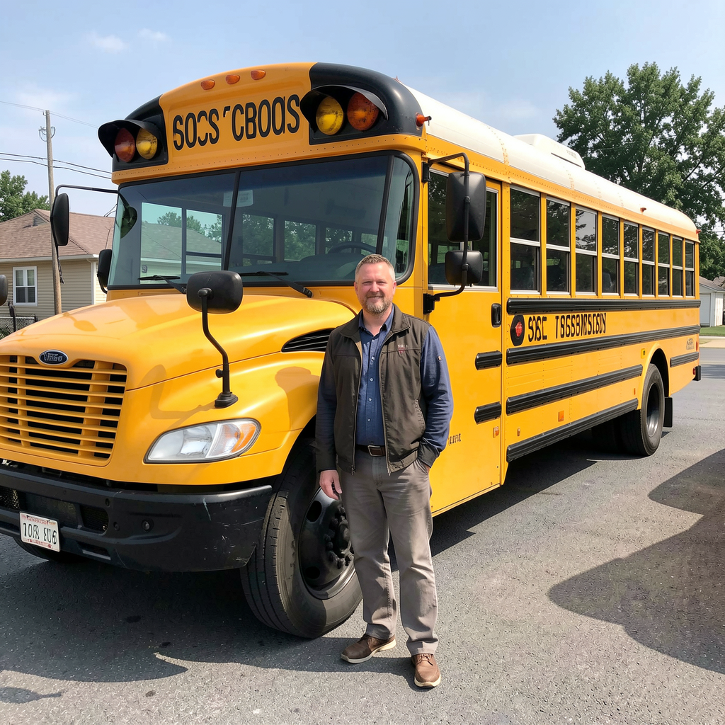 A person standing next to a yellow school bus, showing reali