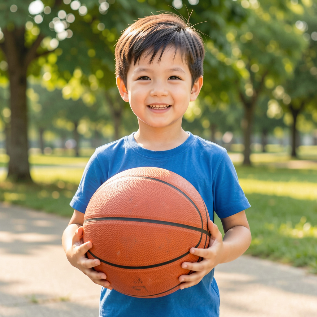 A child holding a basketball, both at correct relative sizes